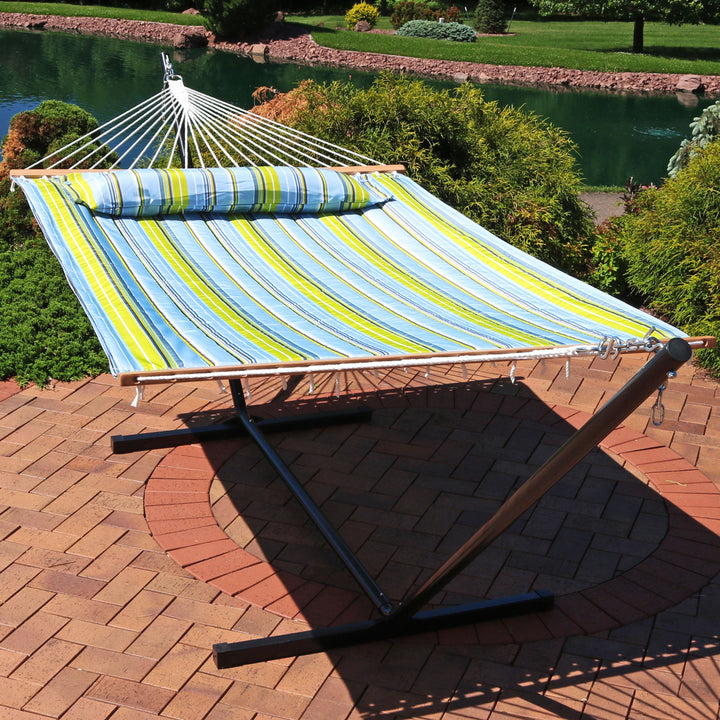 Sunnydaze Quilted Spreader Bar Hammock with Steel Stand, 2-Person, 350 lb Capacity