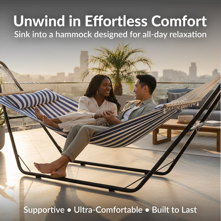 Sunnydaze Quilted Double Spreader Bar Hammock with Pillow, Polyester, 450 lb Capacity