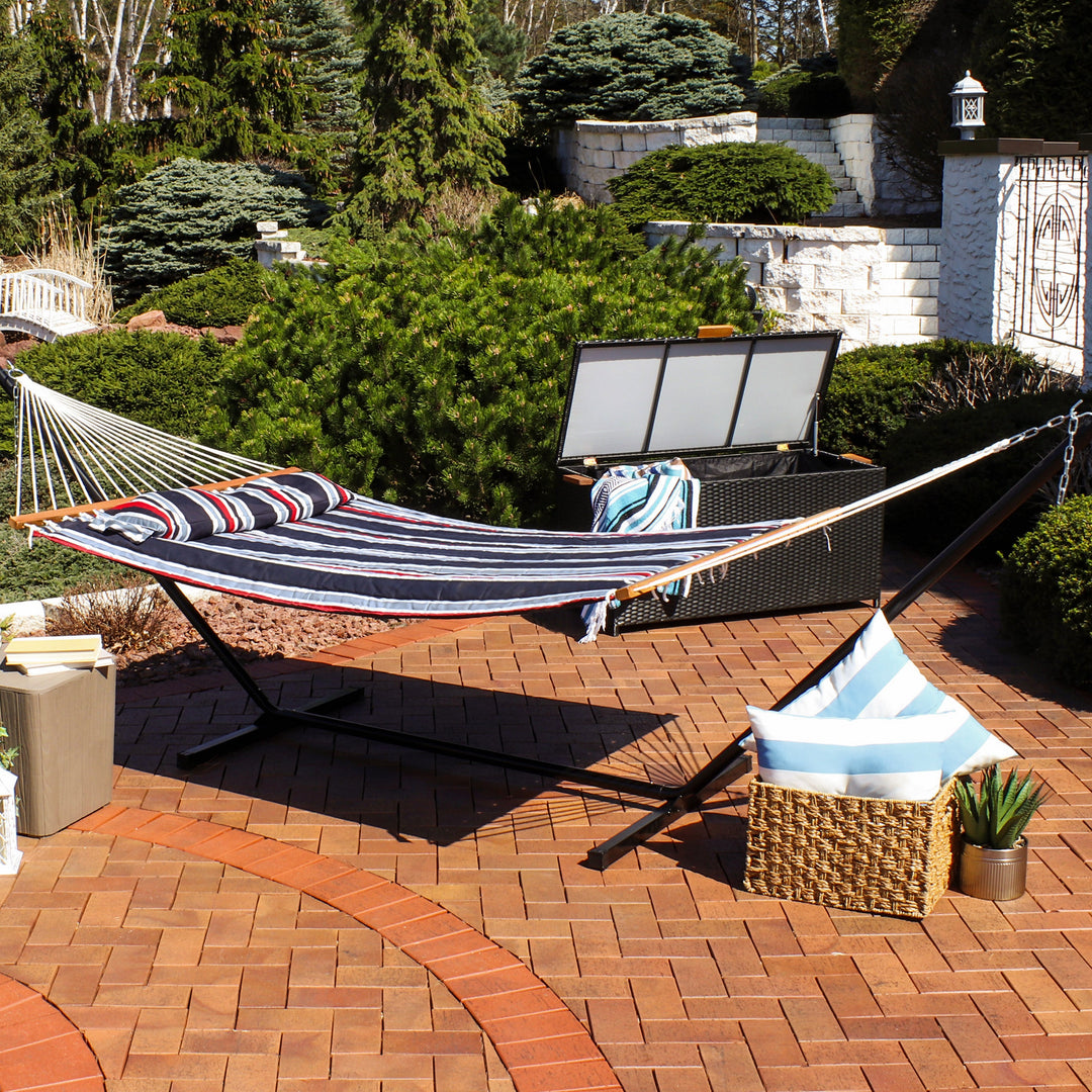 Sunnydaze Quilted Spreader Bar Hammock with Steel Stand, 2-Person, 350 lb Capacity