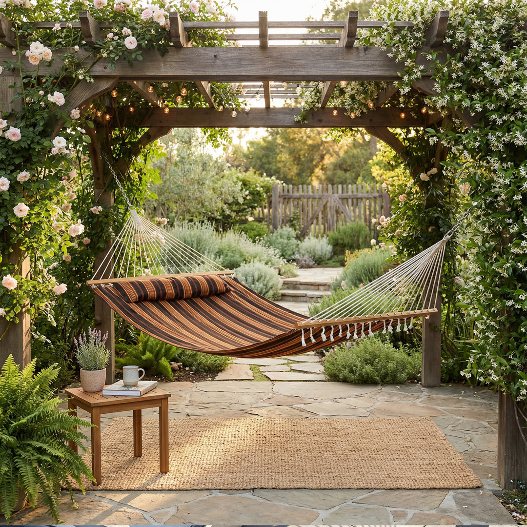 Sunnydaze Quilted Double Spreader Bar Hammock with Pillow, Polyester, 450 lb Capacity