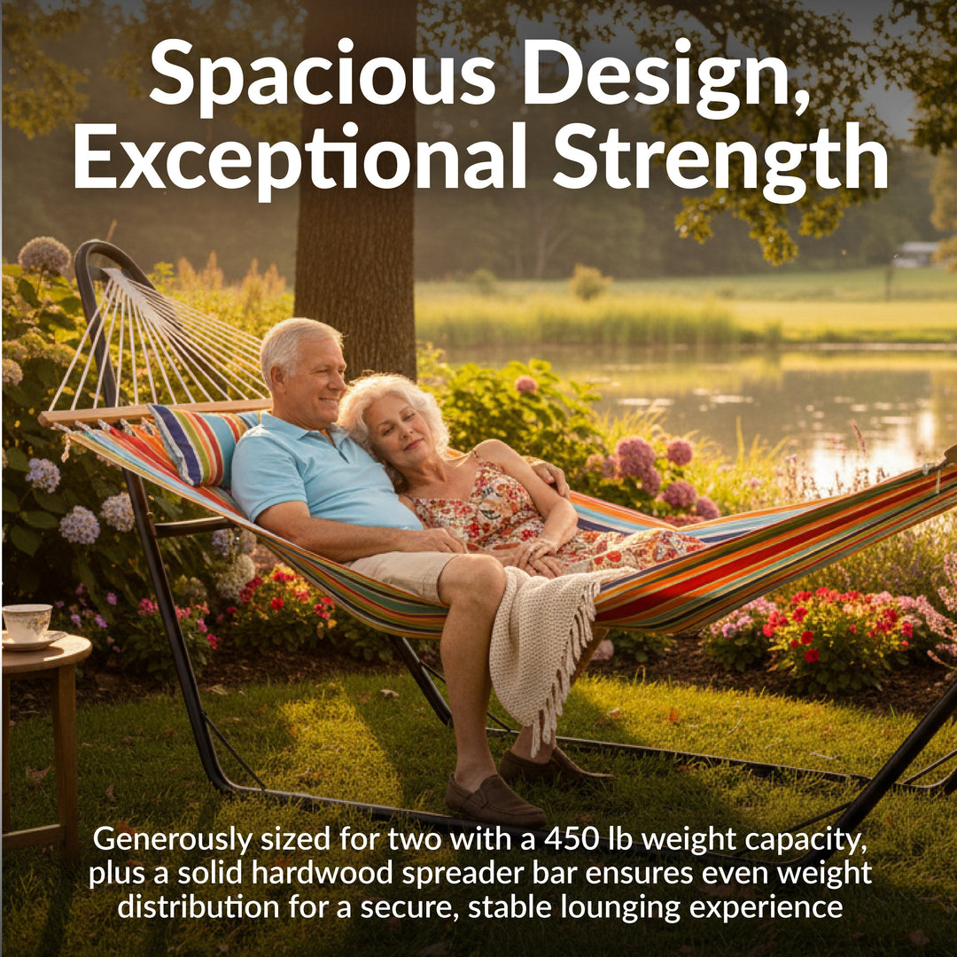 Sunnydaze Quilted Double Spreader Bar Hammock with Pillow, Polyester, 450 lb Capacity