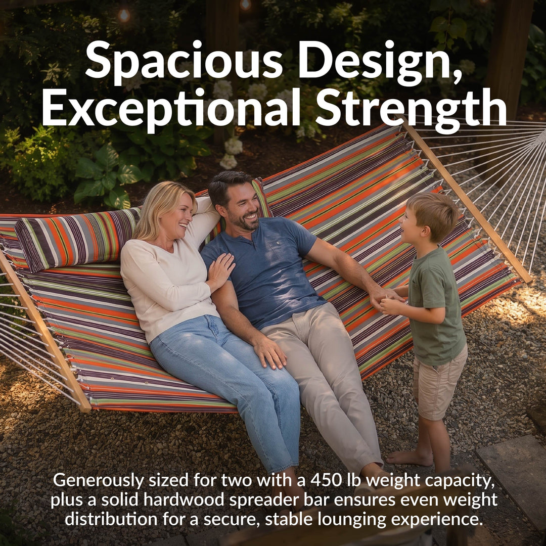 Sunnydaze Quilted Double Spreader Bar Hammock with Pillow, Polyester, 450 lb Capacity