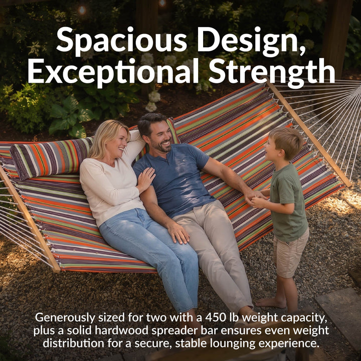 Sunnydaze Quilted Double Spreader Bar Hammock with Pillow, Polyester, 450 lb Capacity