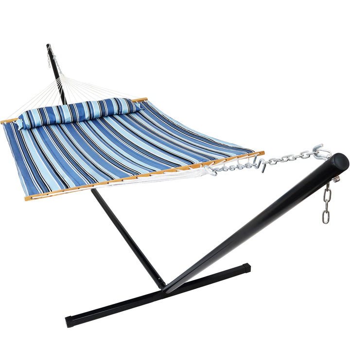 Sunnydaze Quilted Spreader Bar Hammock with Steel Stand, 2-Person, 350 lb Capacity