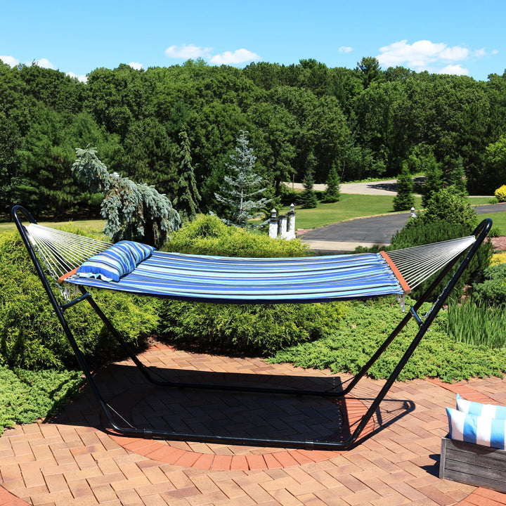 Sunnydaze Quilted Double Spreader Bar Hammock with Pillow, Polyester, 450 lb Capacity