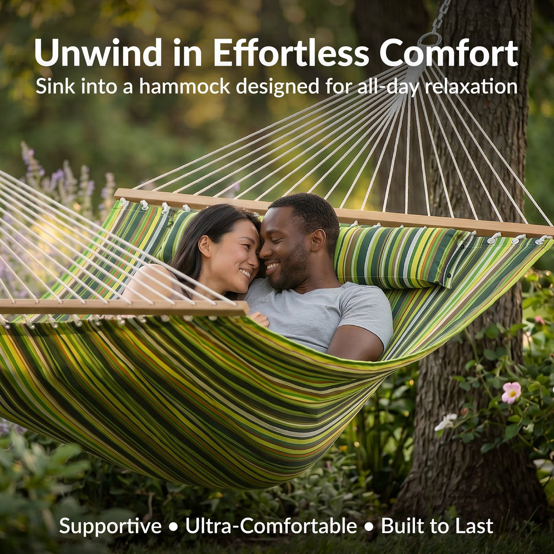 Sunnydaze Quilted Double Spreader Bar Hammock with Pillow, Polyester, 450 lb Capacity