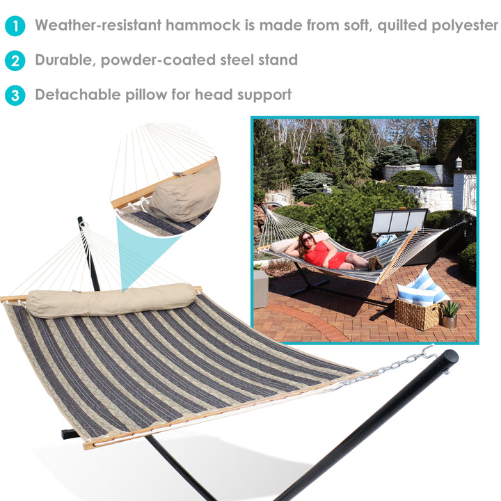 Sunnydaze Quilted Spreader Bar Hammock with Steel Stand, 2-Person, 350 lb Capacity