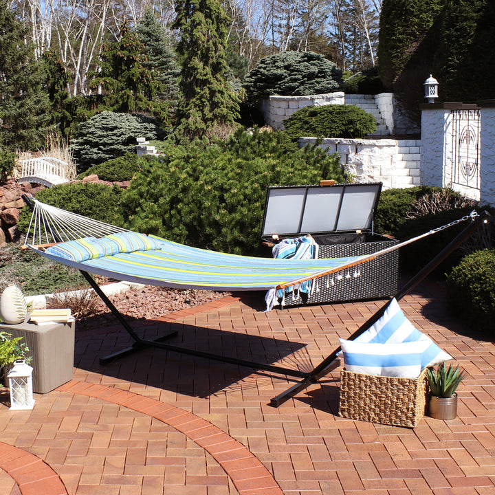 Sunnydaze Quilted Spreader Bar Hammock with Steel Stand, 2-Person, 350 lb Capacity