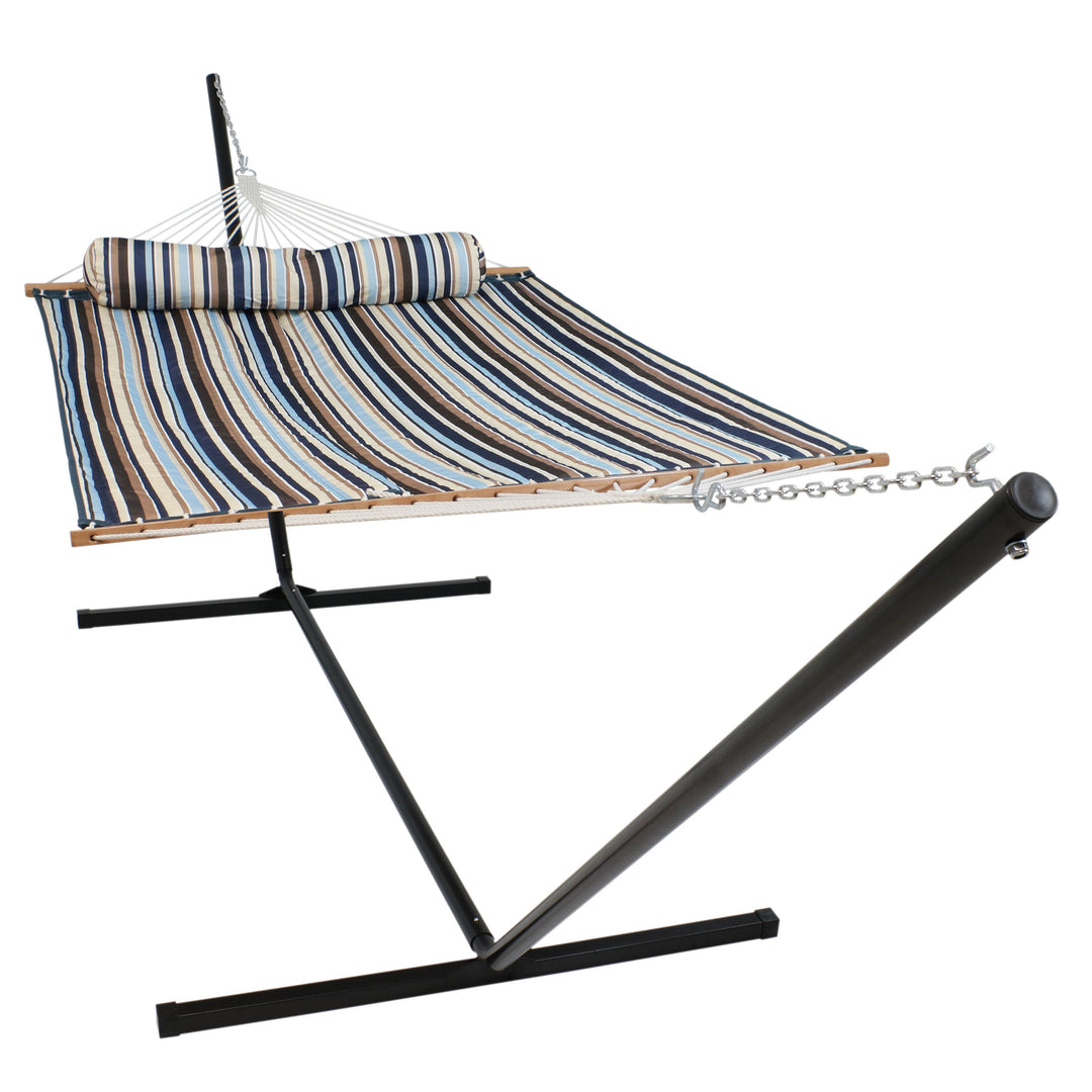 Sunnydaze Quilted Spreader Bar Hammock with Steel Stand, 2-Person, 350 lb Capacity