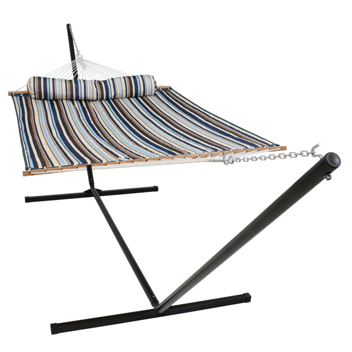 Sunnydaze Quilted Spreader Bar Hammock with Steel Stand, 2-Person, 350 lb Capacity