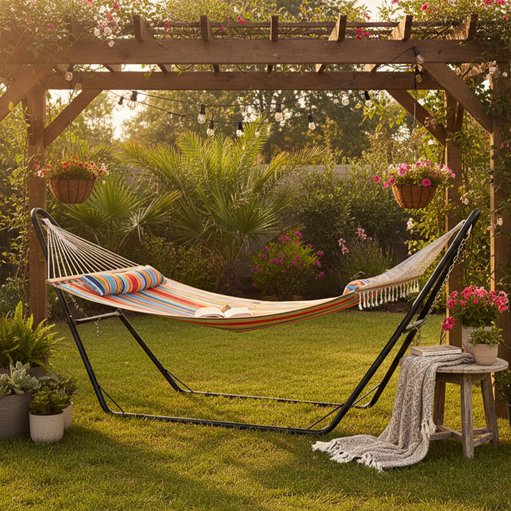 Sunnydaze Quilted Double Spreader Bar Hammock with Pillow, Polyester, 450 lb Capacity