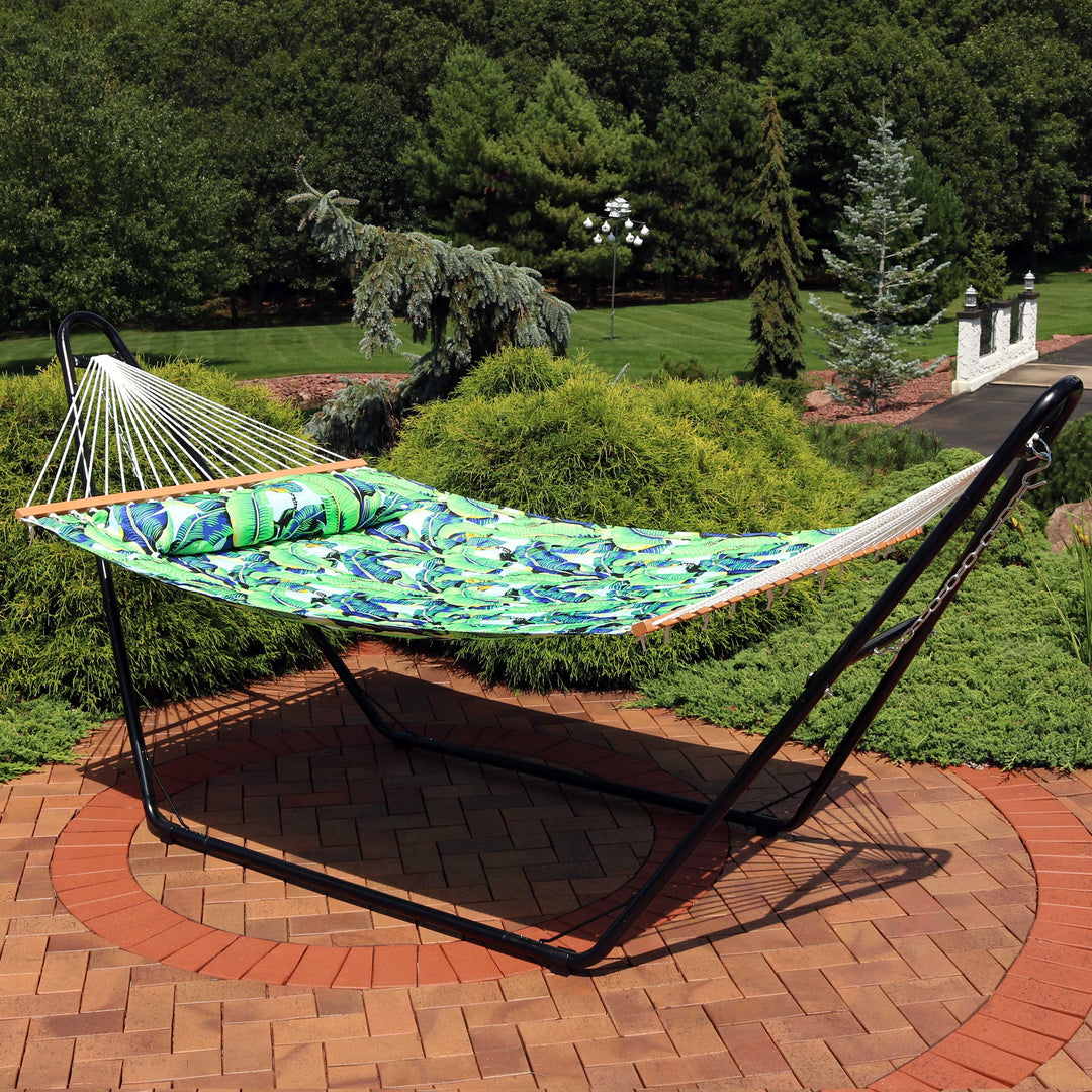 Sunnydaze Quilted Double Spreader Bar Hammock with Pillow, Polyester, 450 lb Capacity