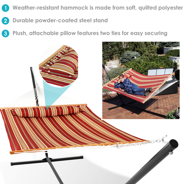 Sunnydaze Quilted Spreader Bar Hammock with Steel Stand, 2-Person, 350 lb Capacity