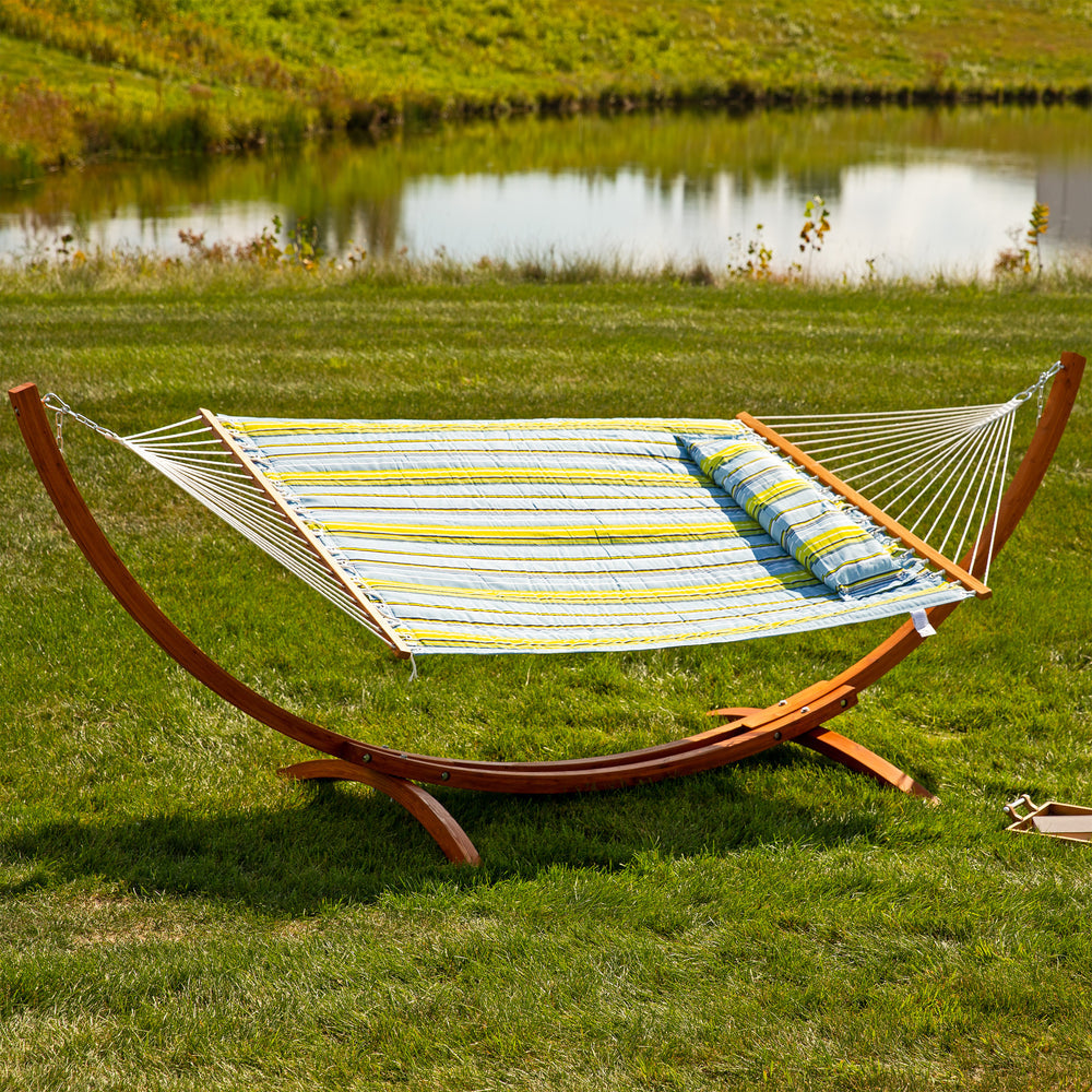 Double Quilted Hammock Wooden Stand Blue Green Stripe product