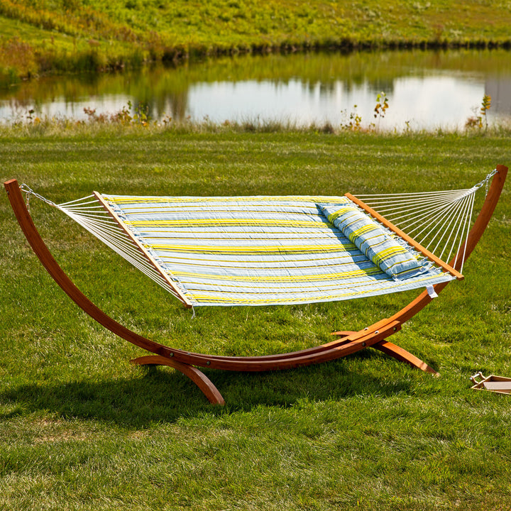 Double Quilted Hammock Wooden Stand Blue Green Stripe product
