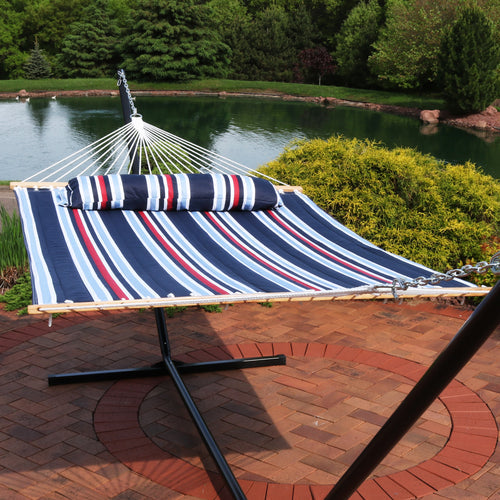 Sunnydaze Quilted Fabric Hammock Nautical Stripe lifestyle