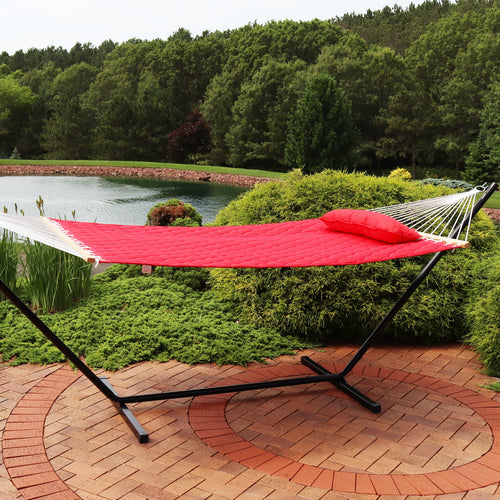 Sunnydaze 2-Person Quilted Hammock with Bolster Pillow Red lifestyle