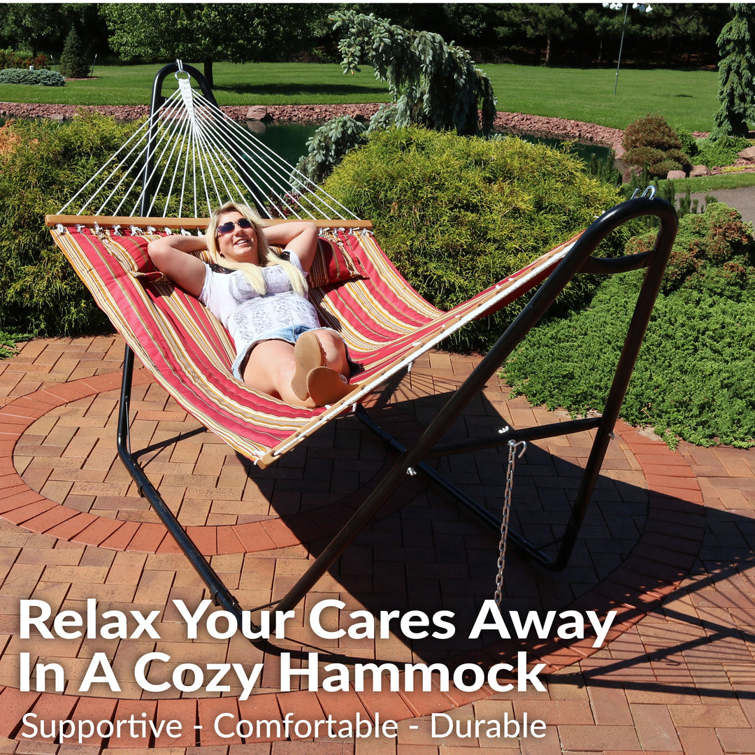 Sunnydaze Quilted Double Spreader Bar Hammock with Pillow, Polyester, 450 lb Capacity