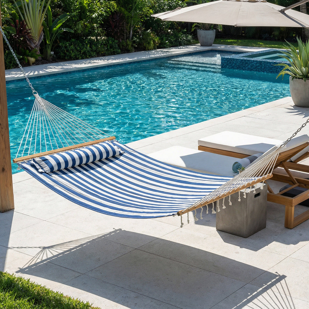 Sunnydaze Quilted Double Spreader Bar Hammock with Pillow, Polyester, 450 lb Capacity