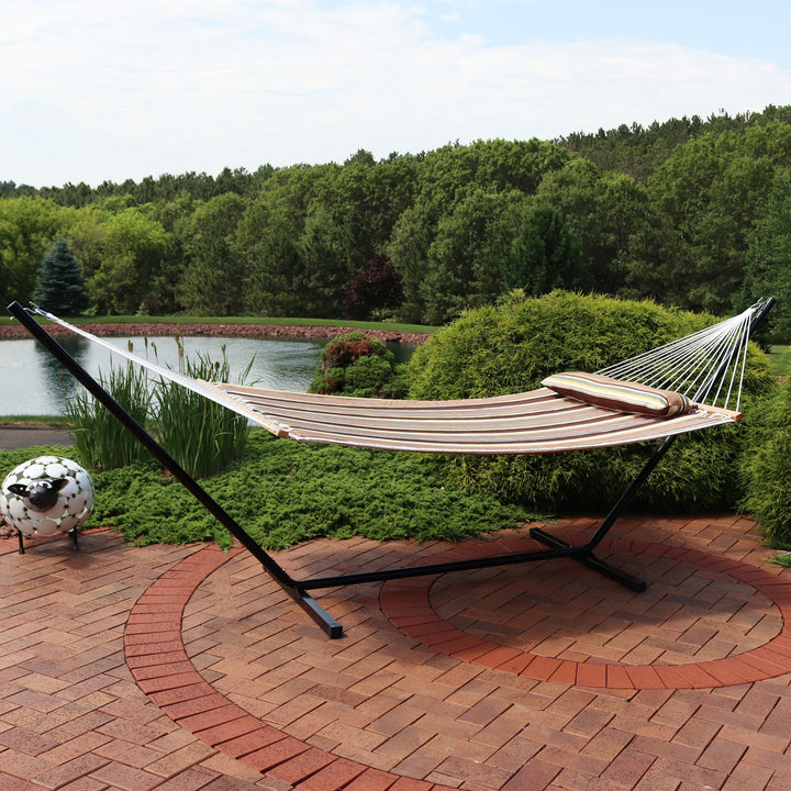 Sunnydaze Quilted Spreader Bar Hammock with Steel Stand, 2-Person, 350 lb Capacity