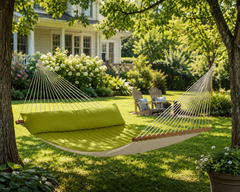 Green LA SIESTA Alabama Avocado padded spreader bar hammock hung between trees in a garden