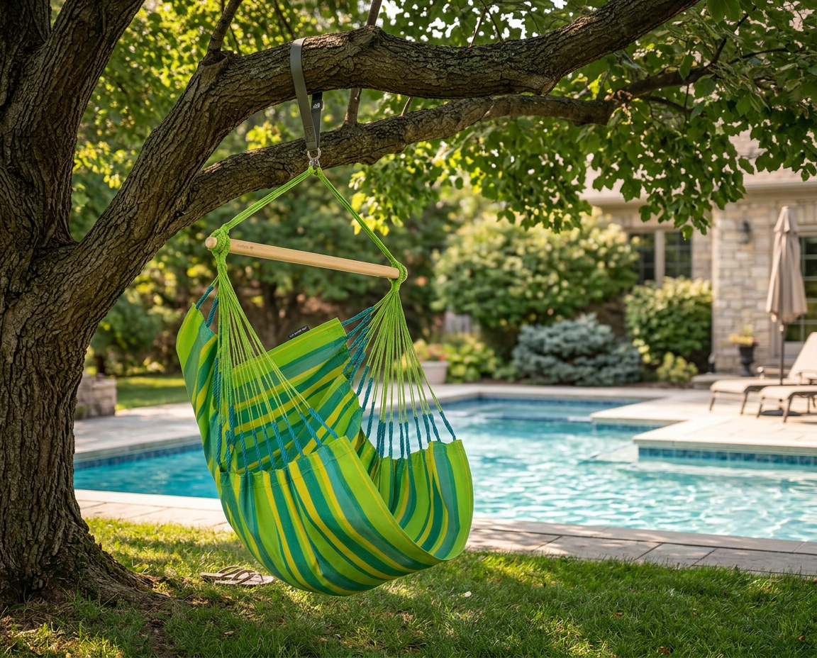 Green LA SIESTA Domingo Lime hammock chair hanging from a tree beside a pool