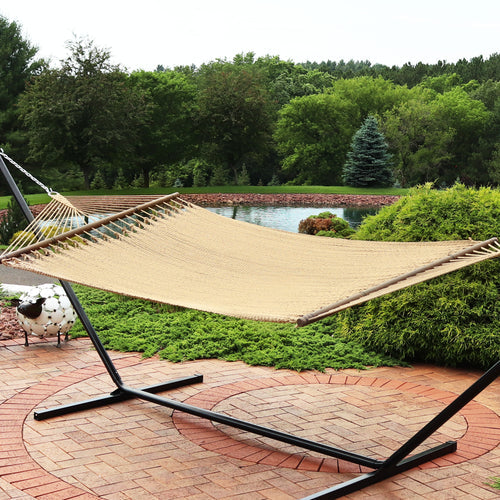 Sunnydaze Large Polyester Rope Hammock Tan lifestyle