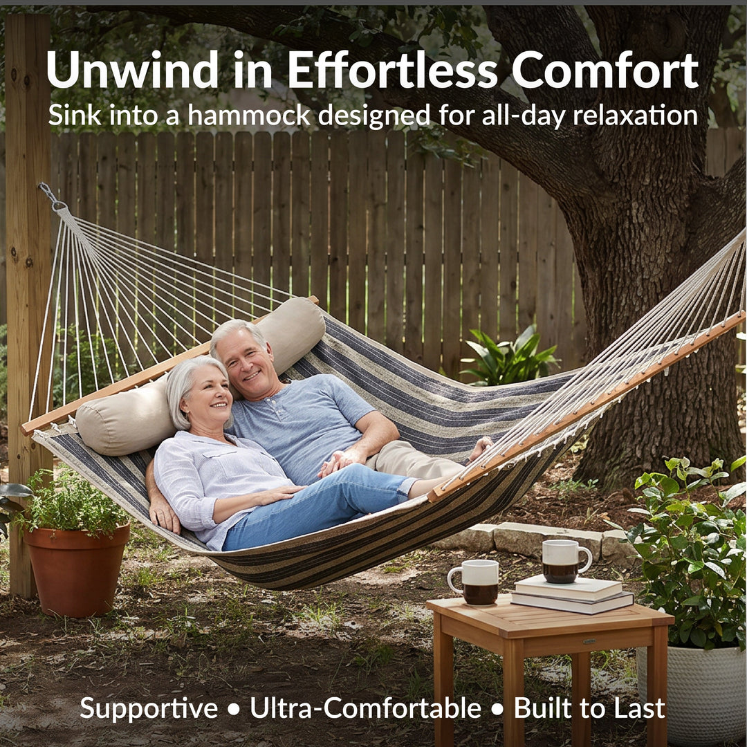 Sunnydaze Quilted Double Spreader Bar Hammock with Pillow, Polyester, 450 lb Capacity