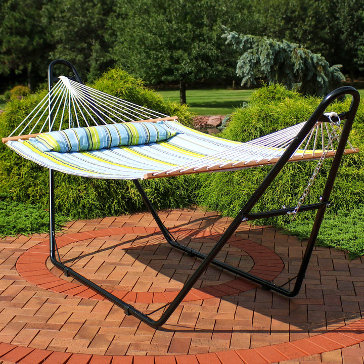 Sunnydaze Quilted Double Spreader Bar Hammock with Pillow, Polyester, 450 lb Capacity