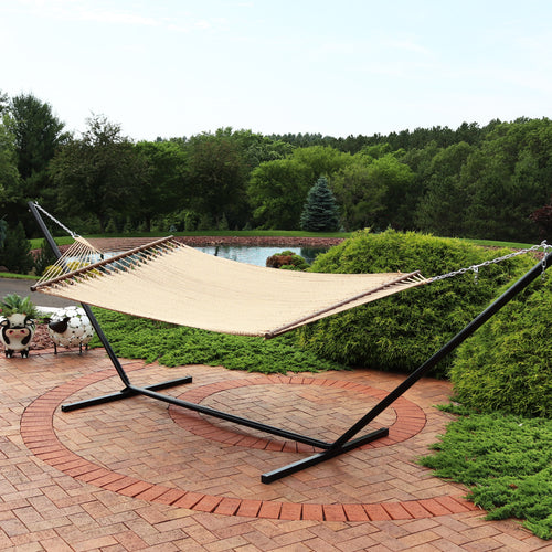 Sunnydaze Polyester Rope Hammock Stand Tan lifestyle