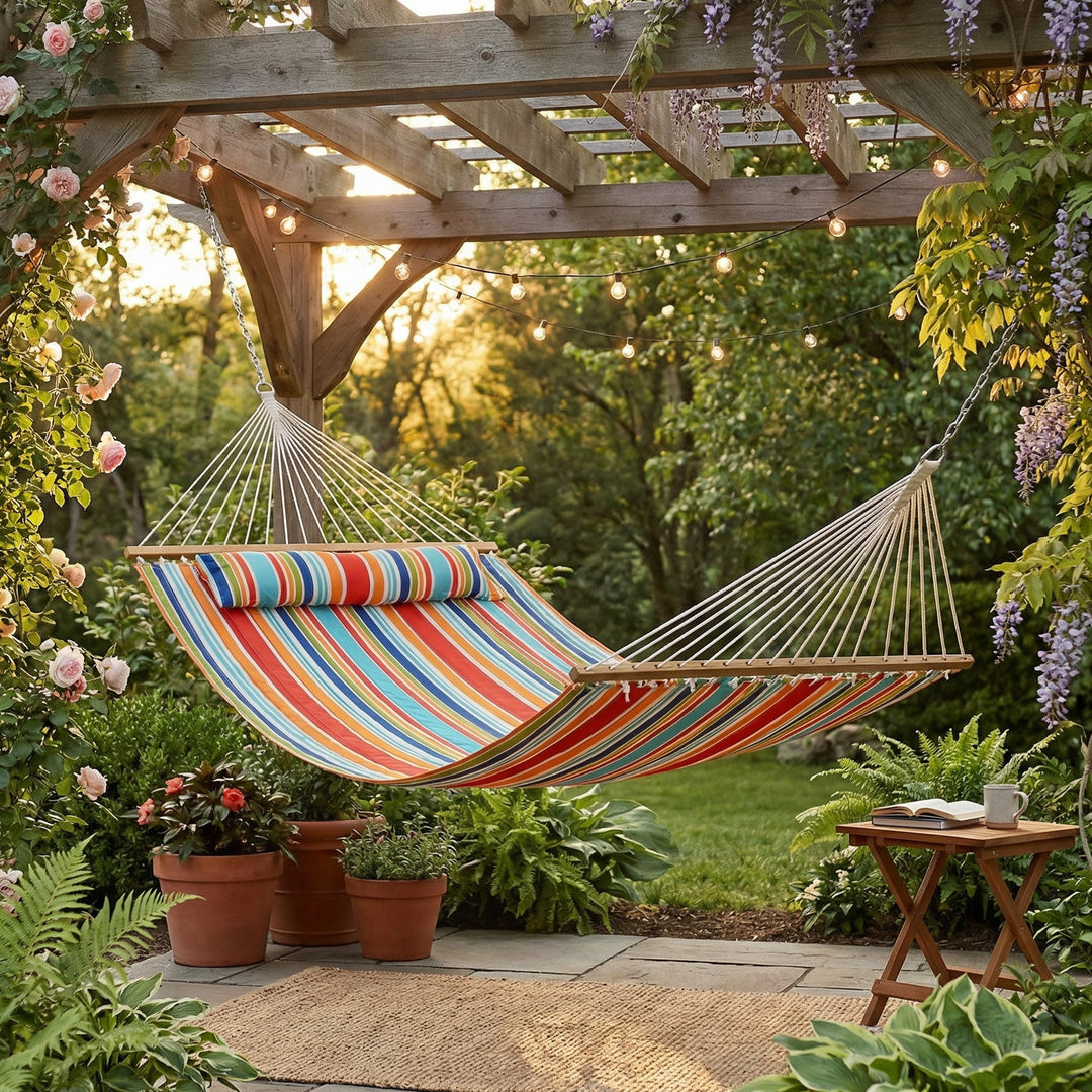 Sunnydaze Quilted Double Spreader Bar Hammock with Pillow, Polyester, 450 lb Capacity