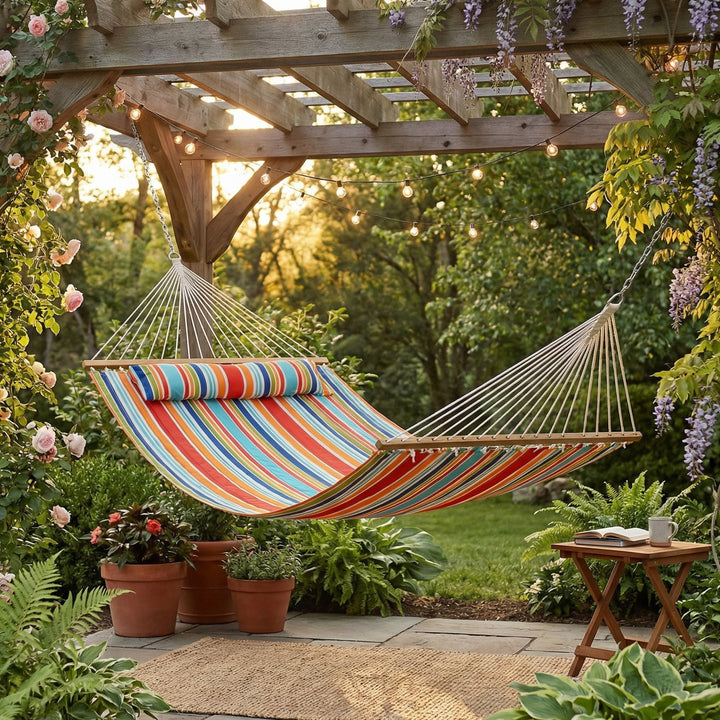 Sunnydaze Quilted Double Spreader Bar Hammock with Pillow, Polyester, 450 lb Capacity