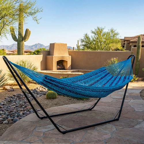 Sunnydaze Mayan Family Hammock Woven Blue lifestyle