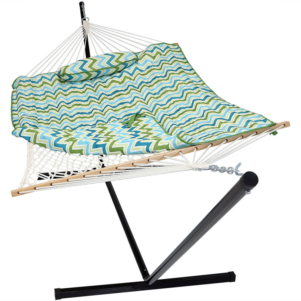 Rope Hammock 12ft Steel Stand Pad Pillow Blue Green Chevron product