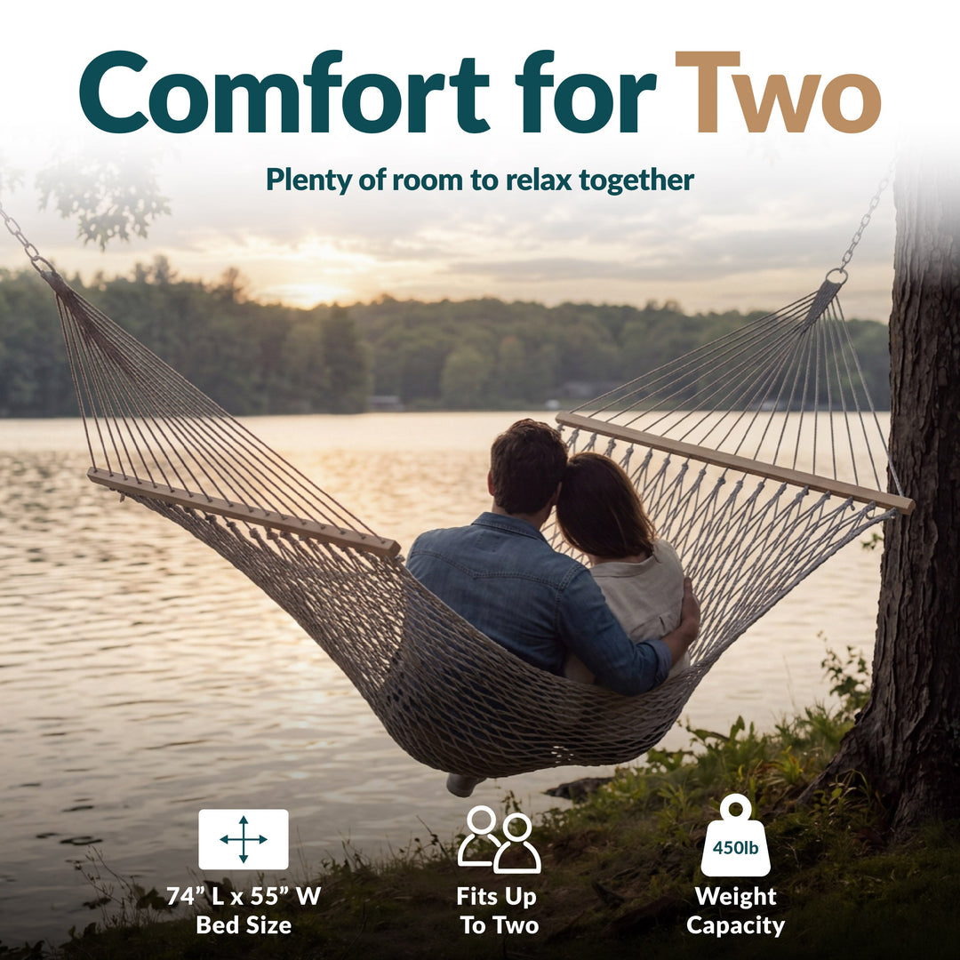 Sunnydaze Cotton Blend Double Rope Hammock with Spreader Bars, 2-Person, 450 lb Capacity