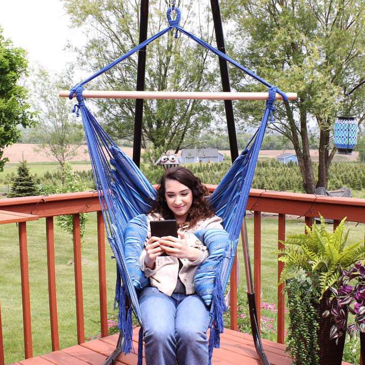 Sunnydaze Cushioned Hanging Hammock Chair with Pillows, Polyester, 265 lb Capacity - Cornflower Stripes