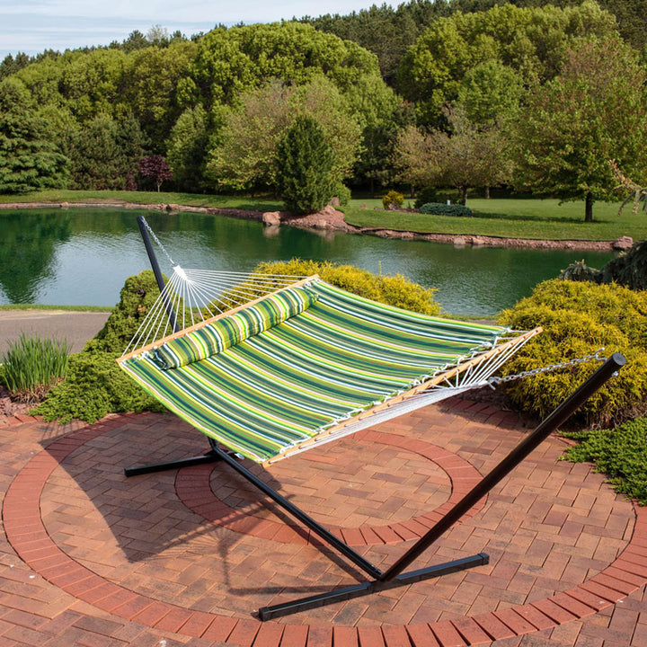 Sunnydaze Quilted Double Spreader Bar Hammock with Pillow, Polyester, 450 lb Capacity