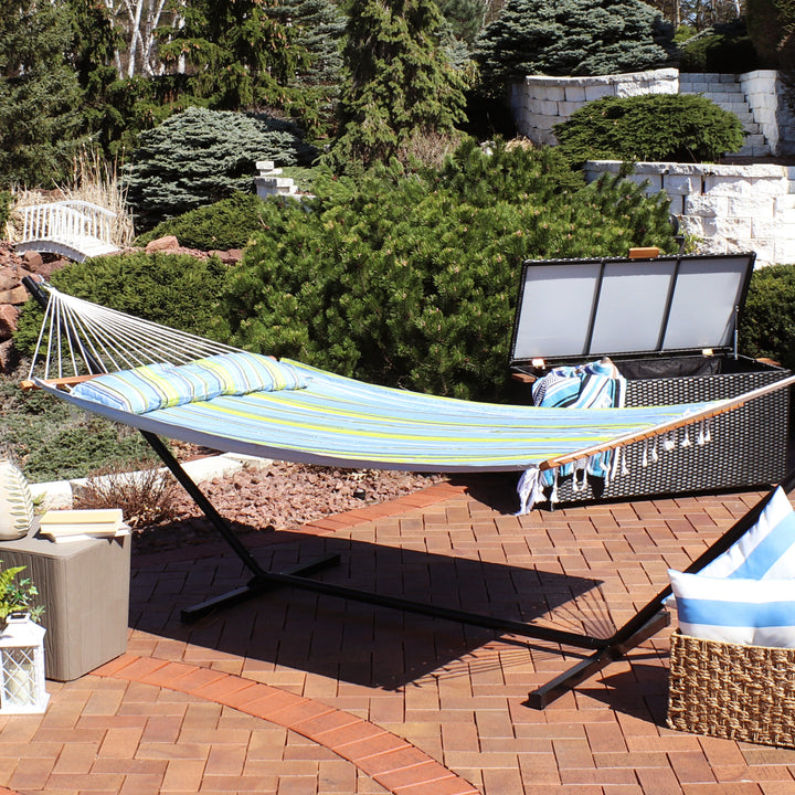 Sunnydaze Quilted Double Spreader Bar Hammock with Pillow, Polyester, 450 lb Capacity