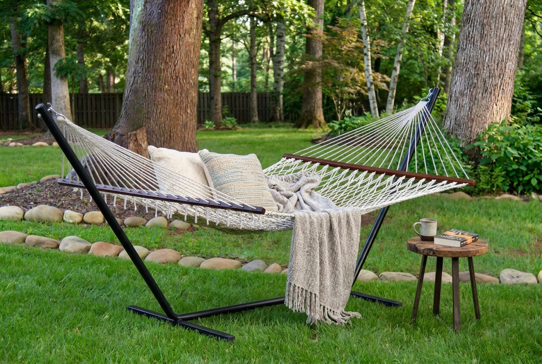 Island Escape Classic Open-Weave Rope Hammock with 15ft Steel Stand - Cream