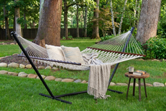 Island Escape Classic Open-Weave Rope Hammock with 15ft Steel Stand - Cream