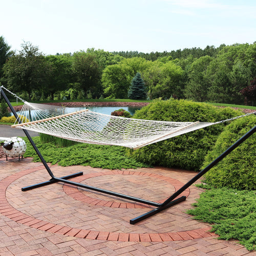 Sunnydaze Double Wide 2-Person Rope Hammock 15ft Stand White lifestyle