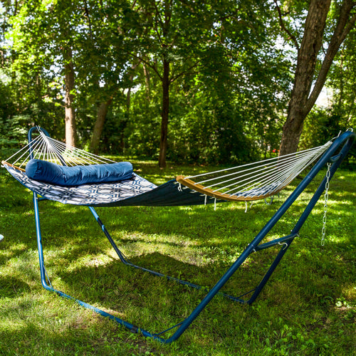 Sunnydaze Quilted Hammock Curved Bamboo Spreader Bar Navy Gray Octagon lifestyle