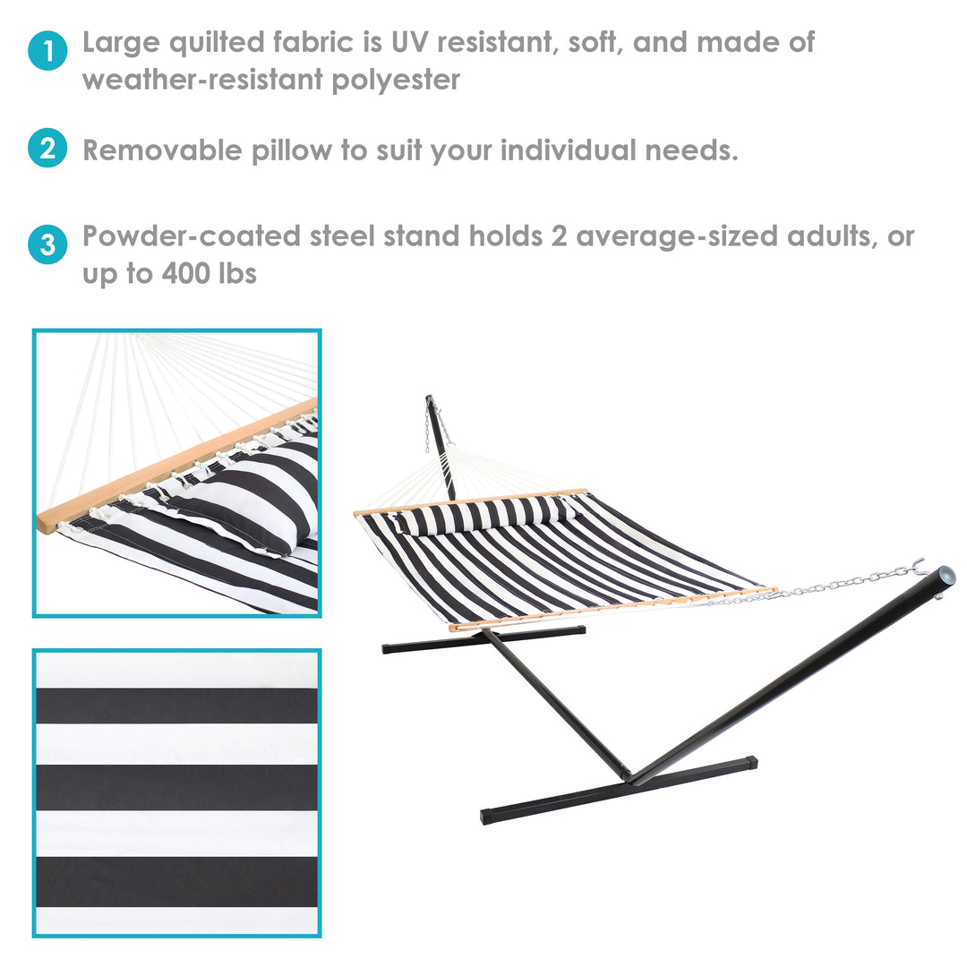 Sunnydaze Quilted Spreader Bar Hammock with Steel Stand, 2-Person, 350 lb Capacity