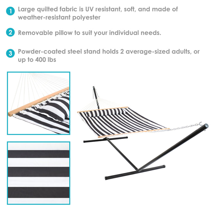 Sunnydaze Quilted Spreader Bar Hammock with Steel Stand, 2-Person, 350 lb Capacity