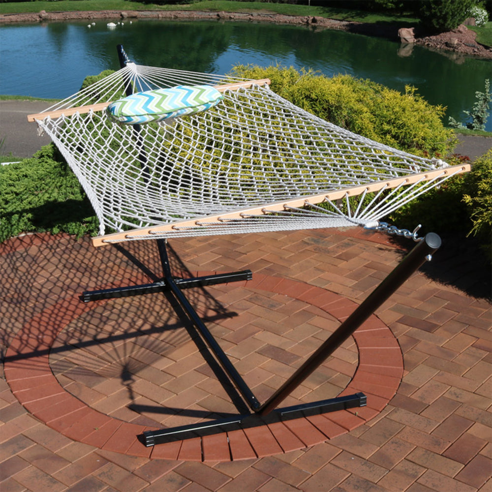 Rope Hammock 12ft Steel Stand Pad Pillow Blue Green Chevron detail