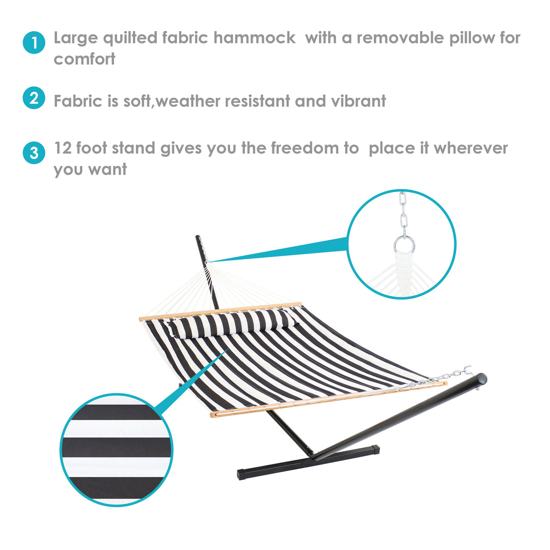 Sunnydaze Quilted Spreader Bar Hammock with Steel Stand, 2-Person, 350 lb Capacity