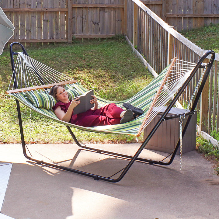 Sunnydaze Quilted Double Spreader Bar Hammock with Pillow, Polyester, 450 lb Capacity