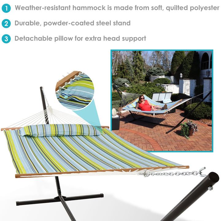 Sunnydaze Quilted Spreader Bar Hammock with Steel Stand, 2-Person, 350 lb Capacity