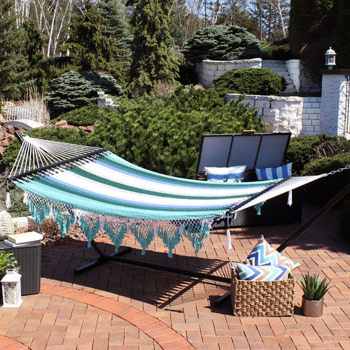 Sunnydaze Woven Double Hammock Spreader Bars Lagoon Stripes lifestyle