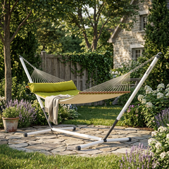 LA SIESTA Alabama Avocado padded hammock on a Nautico Cool Grey stand on a garden patio